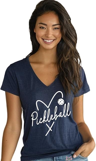 Pickleball V-Neck T-Shirt for Women – Heart Graphic Short-Sleeve