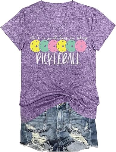 WESEOOU V-Neck Funny Casual Pickleball Tee